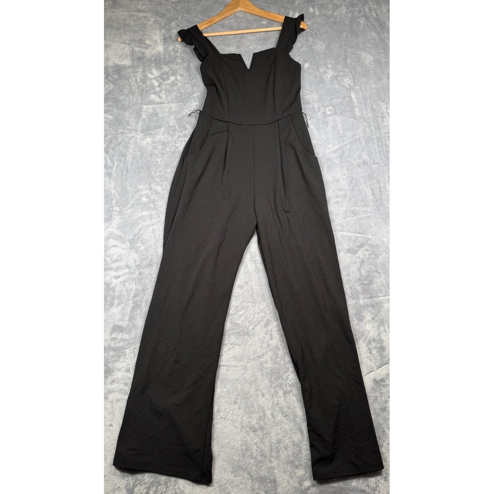 Mmm Jumpsuit Romper Womens M Black Ruffled Straps Notch Neck Sleeveless Wide Leg